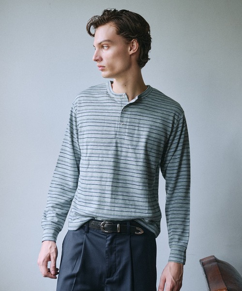 Adoon plain ヘンリーネック tシャツ Snap Button Rib Henry Neck Long