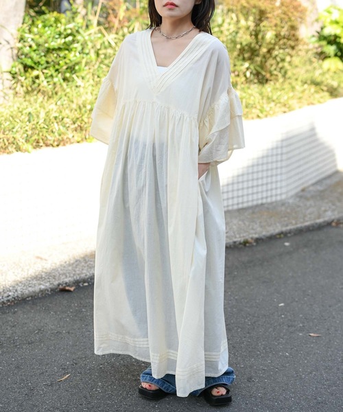訳ありタグ付き新品★svaha　フリル袖 インド綿　フレア　マキシワンピース ＆HALF ワンピース 夏 「indian Cotton Collection」インド綿Vネック