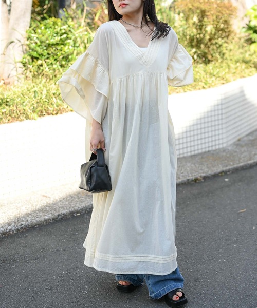 訳ありタグ付き新品★svaha　フリル袖 インド綿　フレア　マキシワンピース ＆HALF ワンピース 夏 「indian Cotton Collection」インド綿Vネック