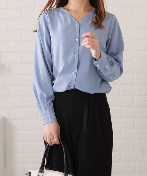 稀少　マディソンブルー　パールボタン　シャツ　とろみ　ブラウス Lace Ladies（レースレディース） ブラウス シャツ パールボタンV