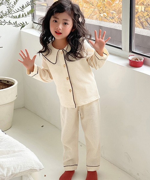 DAY CLOSET パジャマ キッズ 長袖ワッフルパイピングラウンドカラー