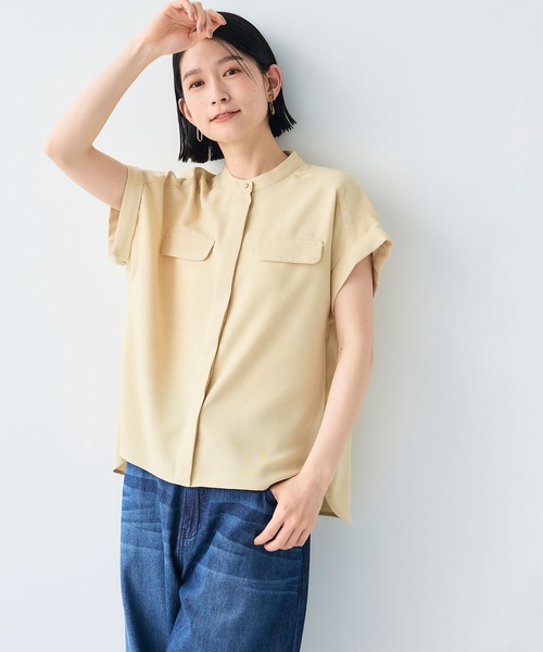 ブラウス シャツ 「接触冷感/撥水/UVケア/ストレッチ/シワになりにくい」バンドカラー2WAYシャツ レディース ANGIE ブラウス シャツ 「接触冷感/撥水/UVケア/ストレッチ/シワ