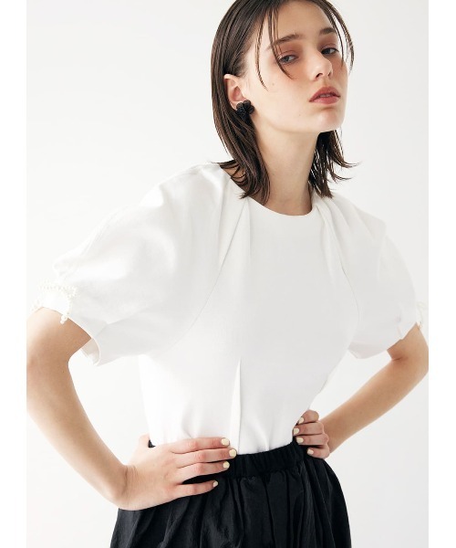 tシャツ 袖パールリボントップス レディース