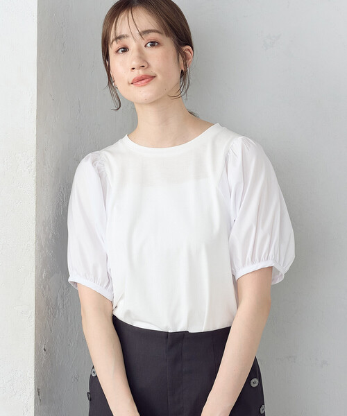 美品★ギャザースリーブ  Tシャツ カットソー ホワイト36 COMME CA ISM tシャツ ギャザースリーブカットソー レディース
