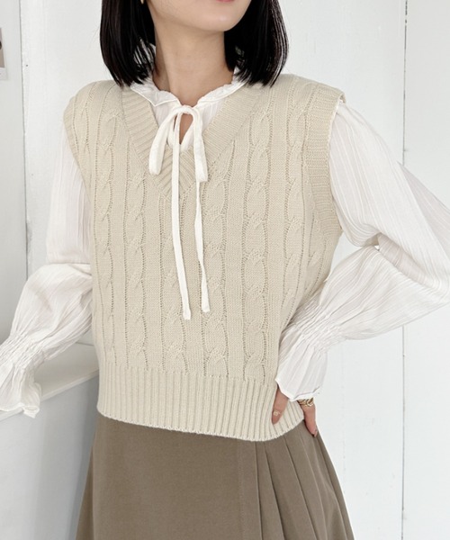 CLEA ベスト ジレ ケーブル編みニットベスト レディース