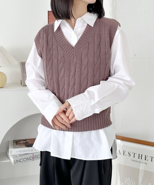 CLEA ベスト ジレ ケーブル編みニットベスト レディース