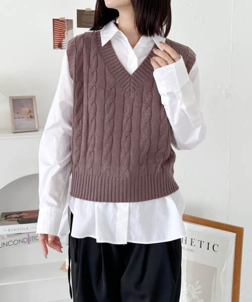 CLEA ベスト ジレ ケーブル編みニットベスト レディース