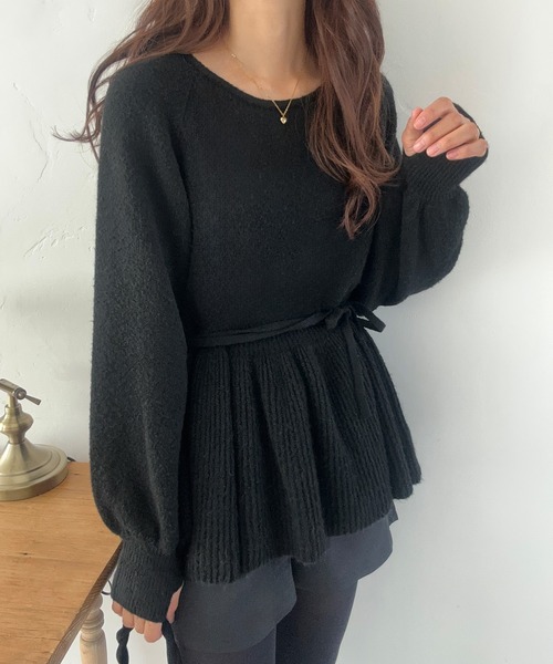 LAUIR ニット セーター リボン付きペプラムニット レディース