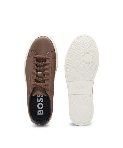 BOSS レザー レースアップスニーカー メッシュディテール BOSS - レースアップスニーカー ポリッシュレザー ロゴ