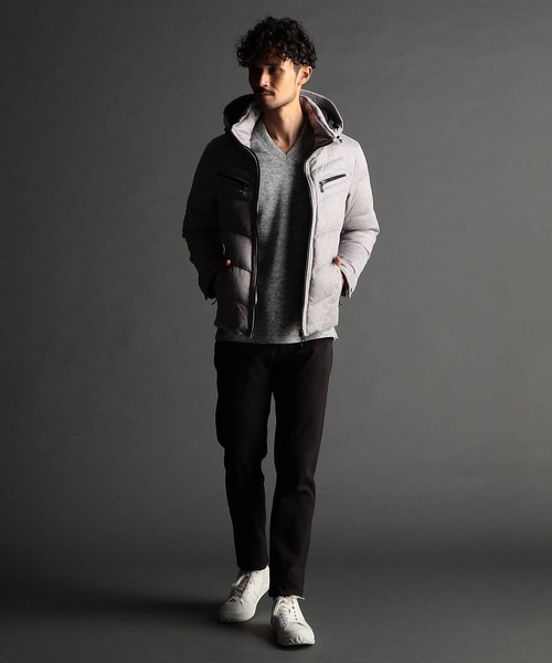 【美品】ニコルクラブフォーメン／グレー　ニコルダウンジャケット 46 フード付き NICOLE CLUB FOR MEN（ニコルクラブフォーメン） マイクロスウェード