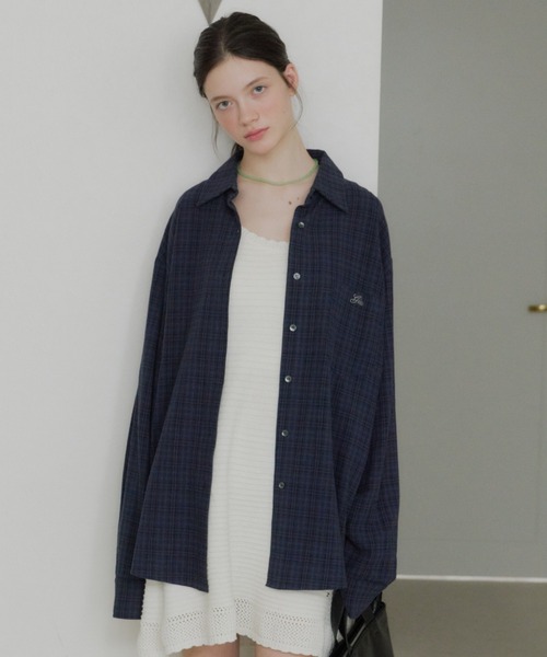GIUNON ブラウス シャツ embroidery over check shirts / エンブロイ 
