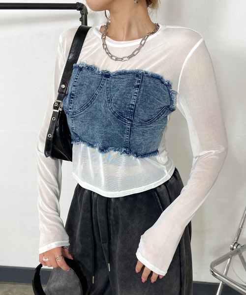 トップス non ノンヘッジ non-hedge シアーデニム切替トップス （オフホワイト