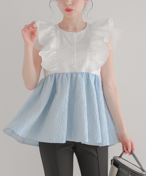 フィットモア♡フリル　トップス　チュール　新作 Fit more（フィットモア） チュールフリルジャガードドッキング