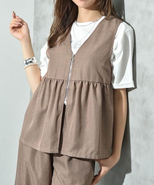 INTERPLANET ベスト ジレ 麻調合繊ジレ＋ワイドパンツSET