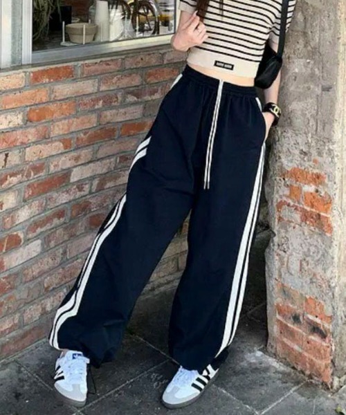 ウエストドローストリングパンツ パンツ ドローストリングラインナイロンワイドパンツ レディース