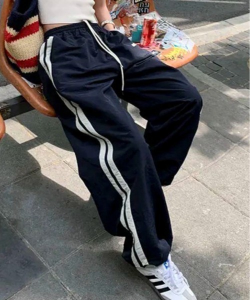 パンツ ドローストリングラインナイロンワイドパンツ レディース