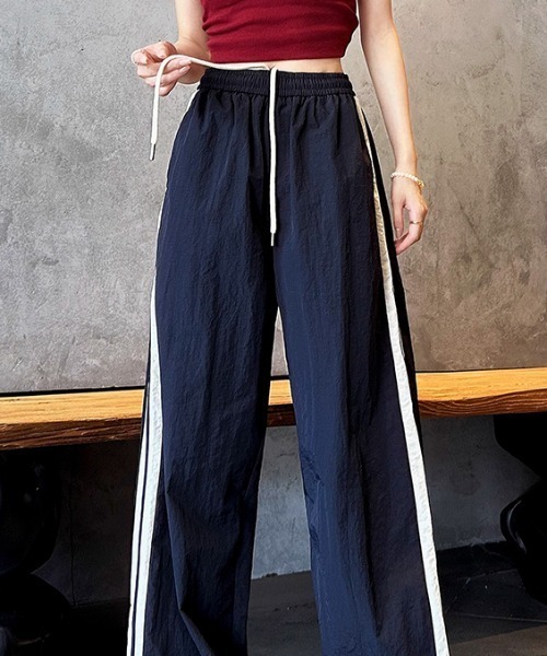 パンツ ドローストリングラインナイロンワイドパンツ レディース