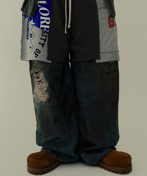 ワイドパンツ ジーンズ DOUBLE KNEE DENIM PANTS メンズの画像