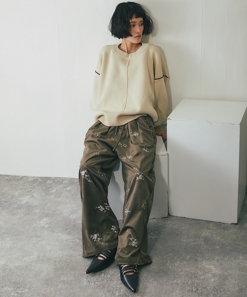 パンツ ベロアフラワーエンブロイダリーイージーパンツ レディース