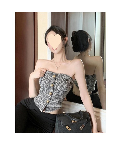 I.O.E チューブトップ ベアトップ ツイード調 ストラップレス ボタン