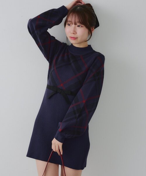 continuer de NICE CLAUP ワンピース チェック切替ニットミニ