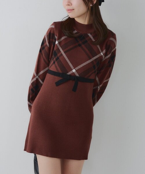 continuer de NICE CLAUP ワンピース チェック切替ニットミニ