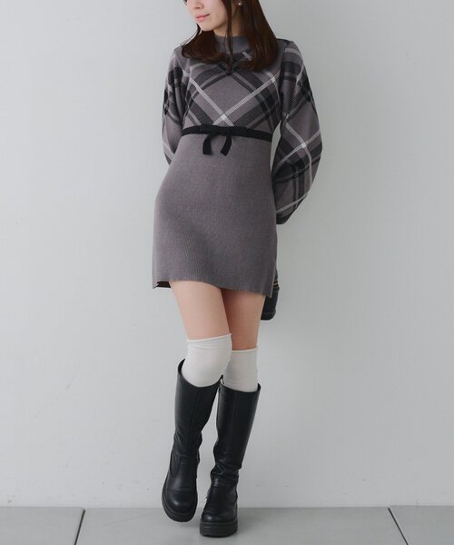 continuer de NICE CLAUP ワンピース チェック切替ニットミニ