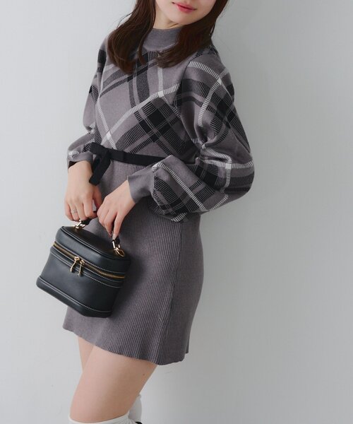 continuer de NICE CLAUP ワンピース チェック切替ニットミニ