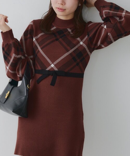 continuer de NICE CLAUP ワンピース チェック切替ニットミニ