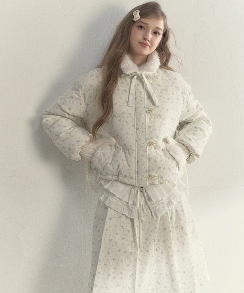 SunsetPark ダウンコート ダウンジャケット 花柄 コーデュロイダウン