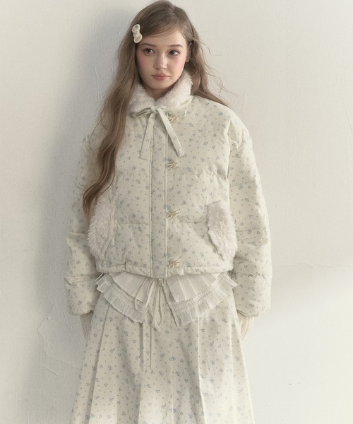 SunsetPark ダウンコート ダウンジャケット 花柄 コーデュロイダウン