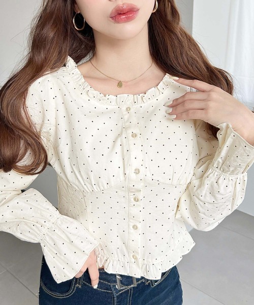 moment+ ブラウス シャツ スラブドット長袖キャンディスリーブ