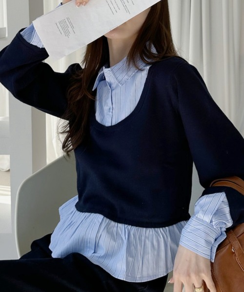 Ada. tシャツ ストライプシャツ切替 レイヤード風 トップス レディース