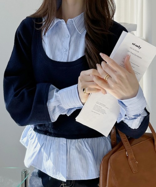 Ada. tシャツ ストライプシャツ切替 レイヤード風 トップス レディース