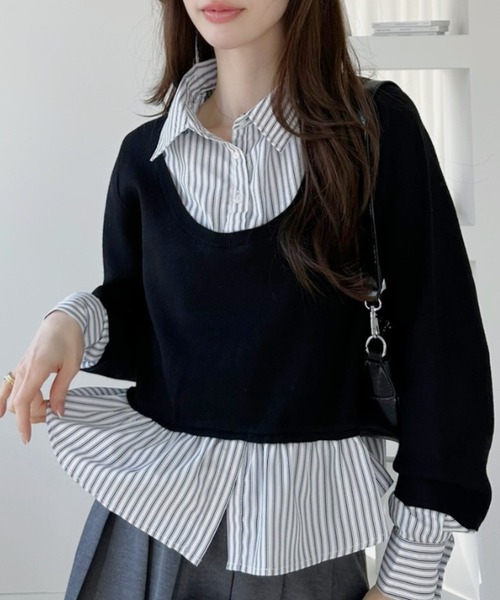Ada. tシャツ ストライプシャツ切替 レイヤード風 トップス レディース