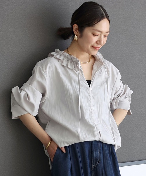 Aletta vita ブラウス シャツ シワ加工フリルネック前開きブラウス