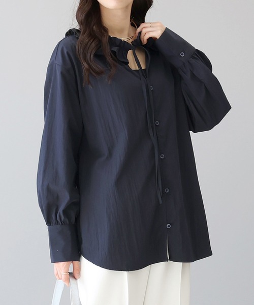 Aletta vita ブラウス シャツ シワ加工フリルネック前開きブラウス