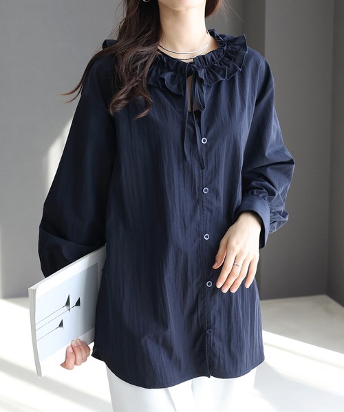 Aletta vita ブラウス シャツ シワ加工フリルネック前開きブラウス