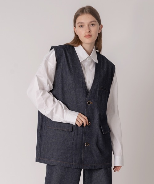 セブンフェアリーシニカルデニムベスト ONCILY ベスト 「SET UP可能」COLLARLESS DENIM GILET VEST