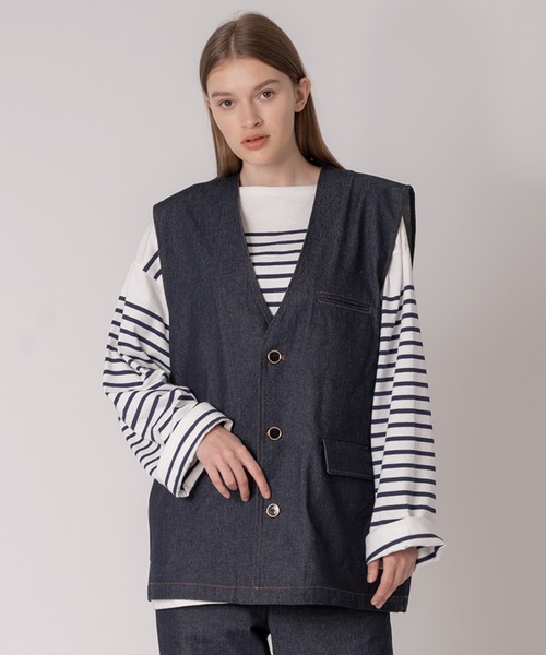 セブンフェアリーシニカルデニムベスト ONCILY ベスト 「SET UP可能」COLLARLESS DENIM GILET VEST