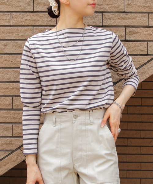 新品タグ付き　Orcival ブラウン/ホワイトストライプ 長袖 サイズ1 ORCIVAL tシャツ ORCIVAL/オーシバル ロングスリーブ 40/2