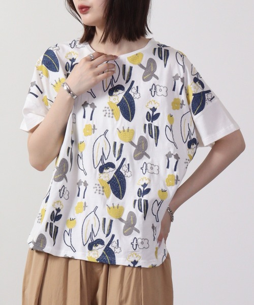 tシャツ EMAGO 花とロゴのプリントドルマンＴシャツ レディース Emago tシャツ EMAGO 花とロゴのプリントドルマンTシャツ
