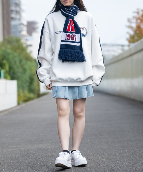 コーデ売り レトロガール 赤チェックスカート 刺繍スウェット マフラー チェック柄マフラー ストール レトロチェック[品番：XL000002747