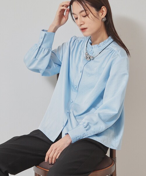 ブラウス シャツ 「衿フリル／パフスリーブ」ヴィンテージサテンブラウス レディース SunaUna ブラウス シャツ 「衿フリル／パフスリーブ