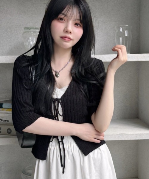 Ada. カーディガン 半袖 フロントリボン ボレロ ニット トップス