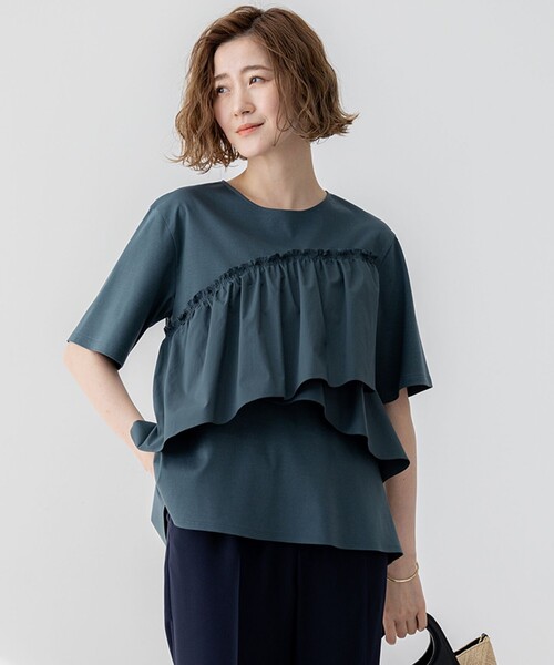 tシャツ 「汗じみ防止/洗える」ランダムフリルジャージー ドッキング カットソー レディース 23区 tシャツ 「汗じみ防止/洗える」ランダムフリルジャージー