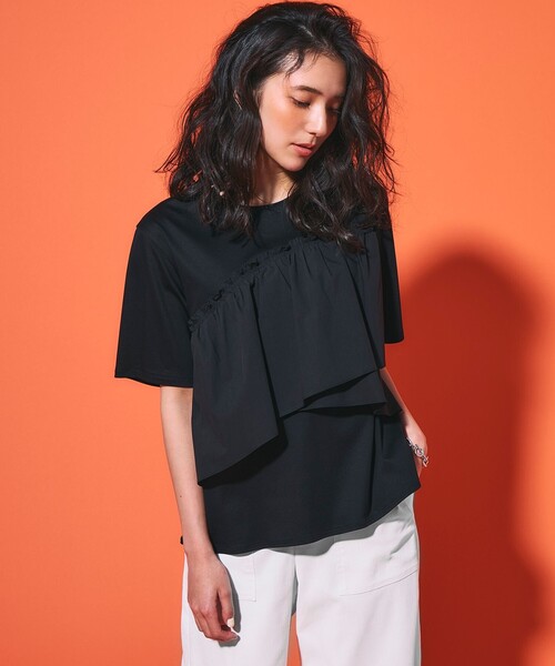 23区【汗じみ防止/洗える】ランダムフリルジャージー ドッキング カットソー 23区 tシャツ 「汗じみ防止/洗える」ランダムフリルジャージー