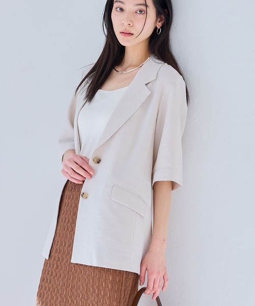 vis今期　新品　リネンライクハーフスリーブジャケット 美easy】リネンライクハーフスリーブジャケット【接触冷感