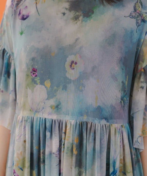 iS ScoLar ワンピース 551236：花蝶アート柄 チュール重ねワンピース  