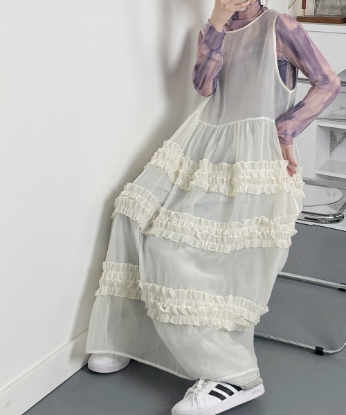 ワンピース 夏 シアー フリルロングワンピース / Sheer Frill Long
